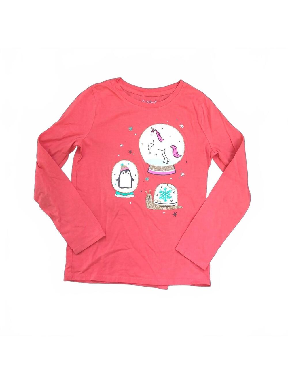 Cat & Jack Girls' Long Sleeve Coral Unicorn and Penguin Graphic Shirt Size 7/8